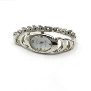 Geneva Quartz Silver Tone Oval Face Crescent Link Bracelet Watch Japan Movt